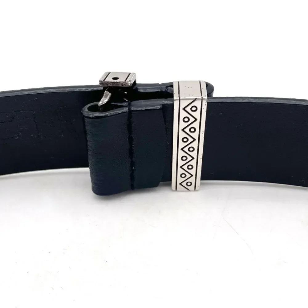 Chico’s Black Genuine Leather Belt SM Silver Round Medallion Buckle Boho Tribal